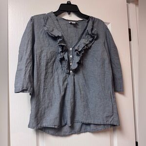 LOFT Blue Chambray Ruffle Front Blouse